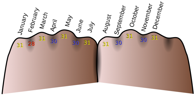 Mnemonic to remember the days of each month. Wikimedia commons.