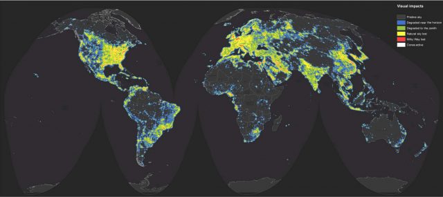 Figure 1: Map of light pollution visual impact on Earth's skies. Up to 1% above of the natural light is shown in black (pristine skies); blue is used from 1% to 8% of the natural light; green, 8 to 50%; yellow from 50% to the level of illumination at which it is impossible to see the Milky Way; red up to the point at which cones in the observers' eyes are no longer stimulated; and white for skies so polluted that there is no dark adaption for human eyes. Credit: from Falchi et al. (2016). 