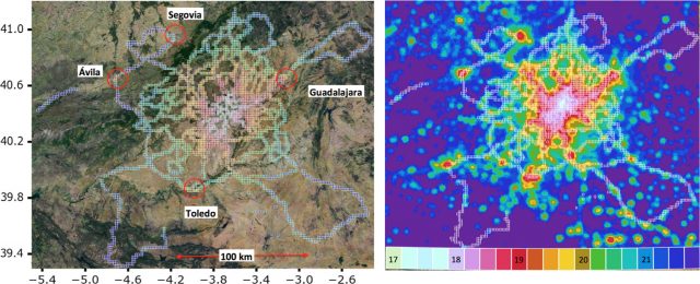 Figure 3: Two views of the same problem. Panel on the left show measurement using SQM on top of cars around Madrid, while on the right there is a map of DMSP/OLS radiance map, scaled to fit the sky brightness measured from the ground. Credit: Zamorano et al. (2016).