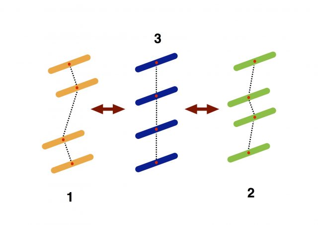 Figure 4. The â€œjumpingâ€� mechanism unveiled for the TTTA material. Configurations 1 and 2 are the ones corresponding to the energetic minima of the structure, while configuration 3 corresponds to the transition state and to the average structure as resolved by X-Ray Power Diffraction (source: Vela et al., Nature Comm. 4 (2014)).