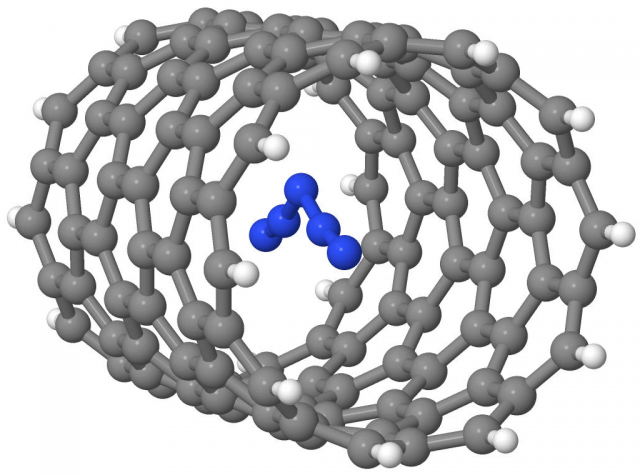 Figure 3. The N5+ cation confined in a zig-zag carbon nanotube. Source: Stefano Battaglia.