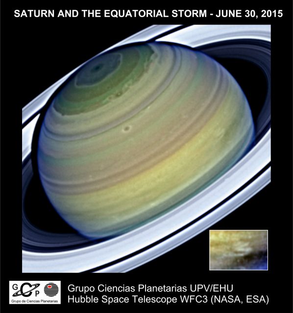 Figure 1. Saturn as viewed by the Hubble Space Telescope on June, 2015. The inset shows the fast-moving feature that reached Voyager-era values. Credit: GCP-UPV/EHU