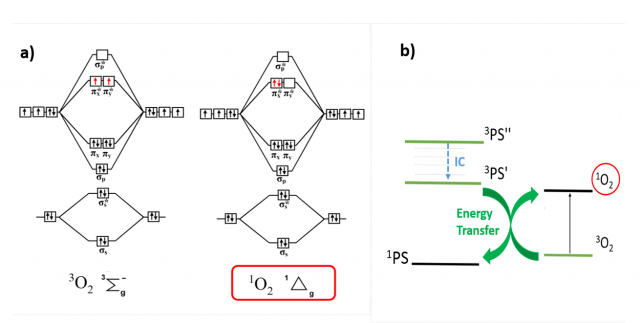 Figure 1. a) Electronic structure of the oxygen in its ground (3Σg-) and reactive excited state (1Δg). [3] b) Scheme of the key step in the PDT mechanism: an excited triplet state of the PS (3PSᶦ) transfers its energy to environmental oxygen.