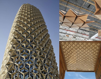 Figure 1.Examples of the Ron Resch origami pattern, widely used in acoustic ceilings, dynamic responsive facades or adaptive garments. Credit: www.ronresch.org/