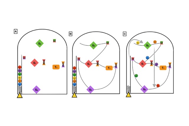 Figure 2.- Analogy between the pinball board game and a computational approach to study the deactivation mechanism of a photo-excited compound // game targets. A: Stationary and crossing points distribution. B: MEPs connecting critical points. C: Possible decay mechanisms as predicted by dynamical approaches.