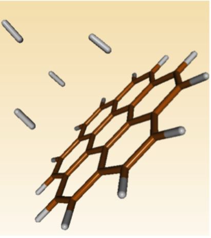 Figure 2. 4 hydrogen molecules in contact with coronene (a small piece of graphene). All are oriented in the same way relative to the graphene. 
