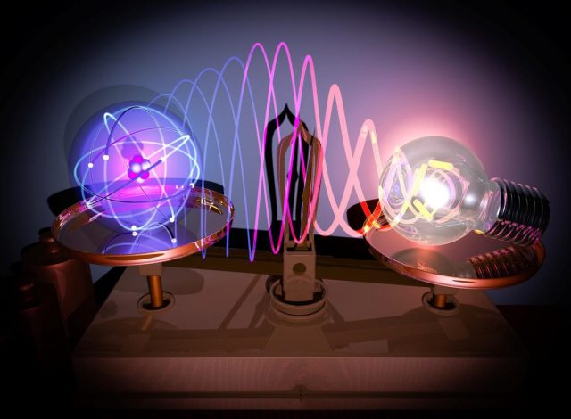 Artistic composition that shows the effect of light focusing from the daily dimensions of a bulb, down to the atomic dimensions where, once localized, it can flex the bond of a single molecule nearby. Credit: Univ. Cambridge/Bart de Nijs